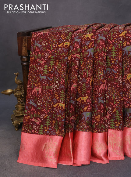 Semi mysore silk saree maroon and peach pink with allover kalamkari prints and zari woven butta border