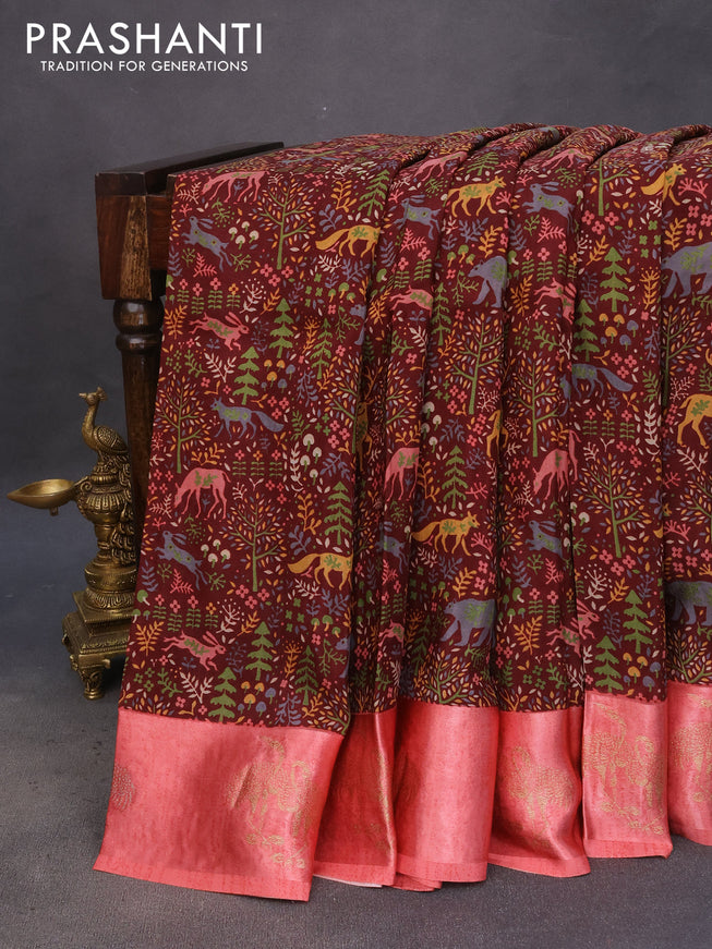 Semi mysore silk saree maroon and peach pink with allover kalamkari prints and zari woven butta border