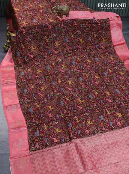 Semi mysore silk saree maroon and peach pink with allover kalamkari prints and zari woven butta border