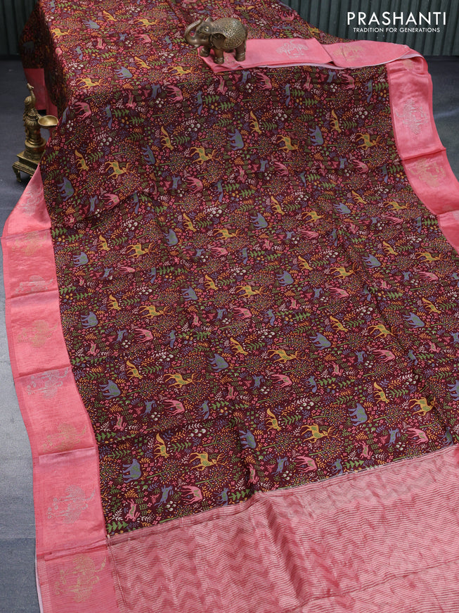 Semi mysore silk saree maroon and peach pink with allover kalamkari prints and zari woven butta border