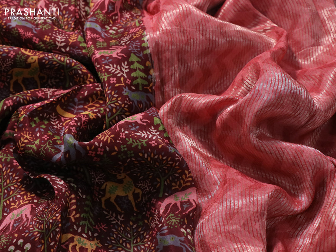 Semi mysore silk saree maroon and peach pink with allover kalamkari prints and zari woven butta border