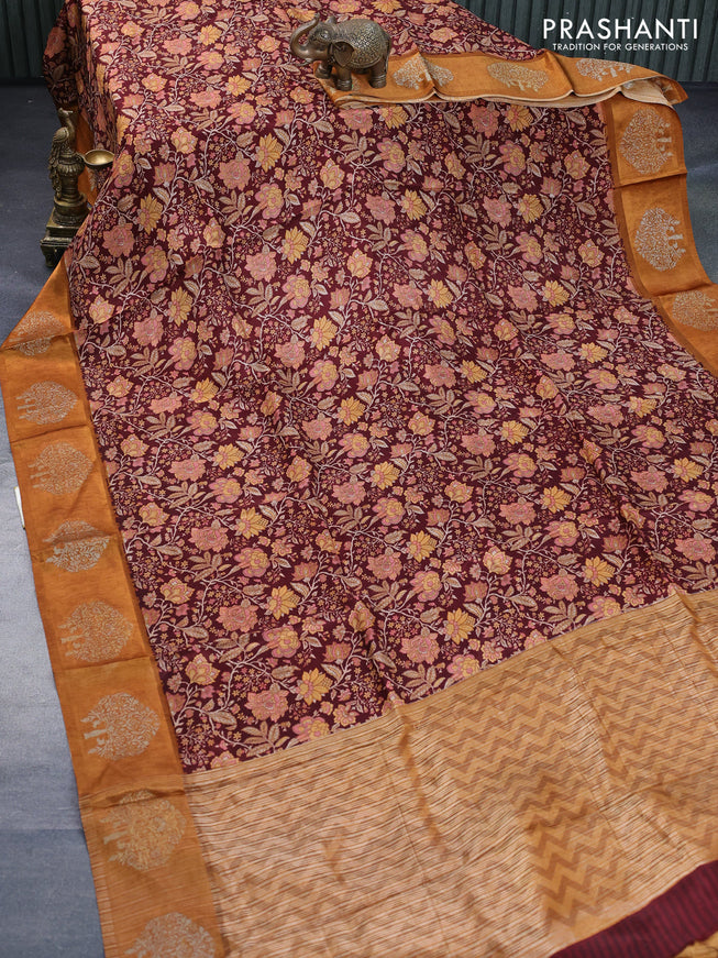 Semi mysore silk saree maroon and mustard yellow with allover kalamkari prints and zari woven butta border