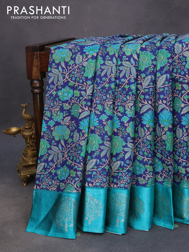 Semi mysore silk saree blue and teal blue with allover kalamkari prints and zari woven butta border