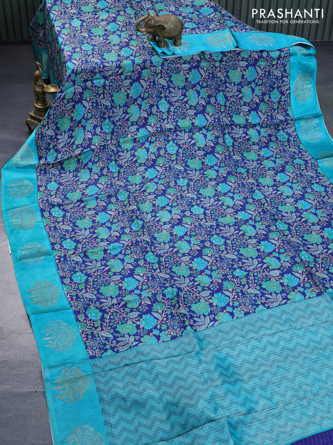 Semi mysore silk saree blue and teal blue with allover kalamkari prints and zari woven butta border