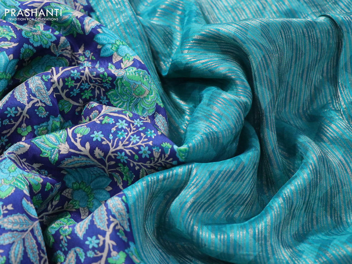 Semi mysore silk saree blue and teal blue with allover kalamkari prints and zari woven butta border