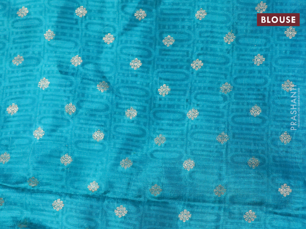 Semi mysore silk saree blue and teal blue with allover kalamkari prints and zari woven butta border