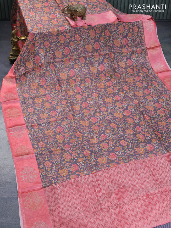 Semi mysore silk saree grey and peach pink with allover kalamkari prints and zari woven butta border