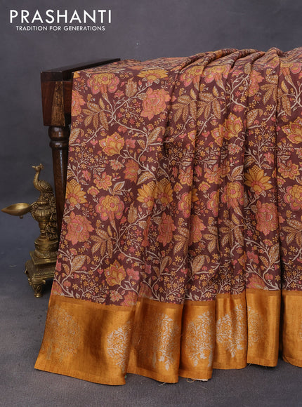 Semi mysore silk saree brown and mustard yellow with allover kalamkari prints and zari woven butta border