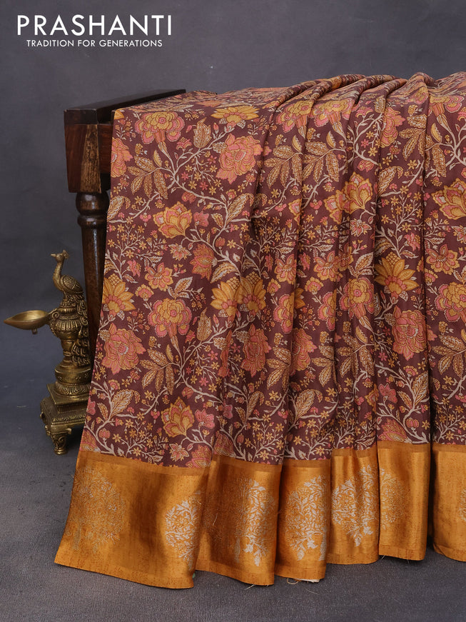 Semi mysore silk saree brown and mustard yellow with allover kalamkari prints and zari woven butta border