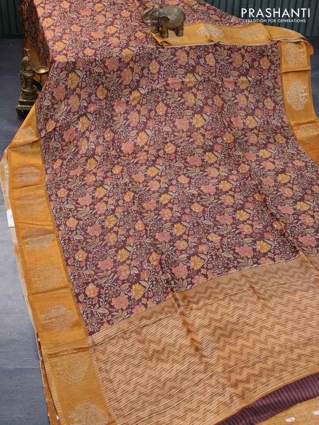 Semi mysore silk saree brown and mustard yellow with allover kalamkari prints and zari woven butta border