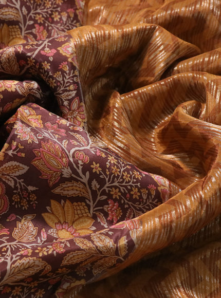 Semi mysore silk saree brown and mustard yellow with allover kalamkari prints and zari woven butta border