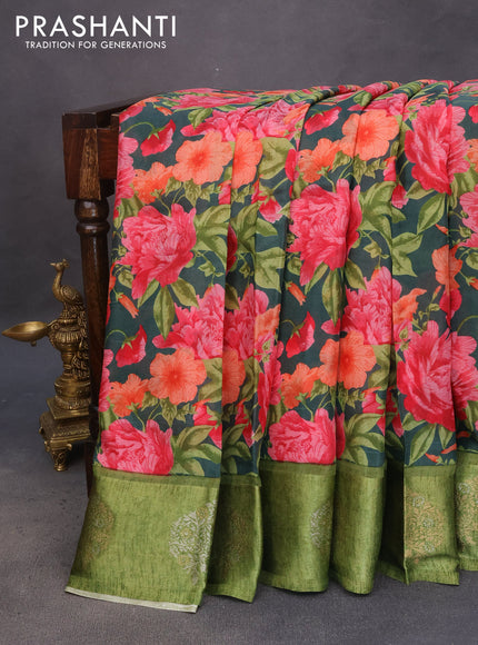 Semi mysore silk saree peacock green and green with allover floral prints and zari woven butta border