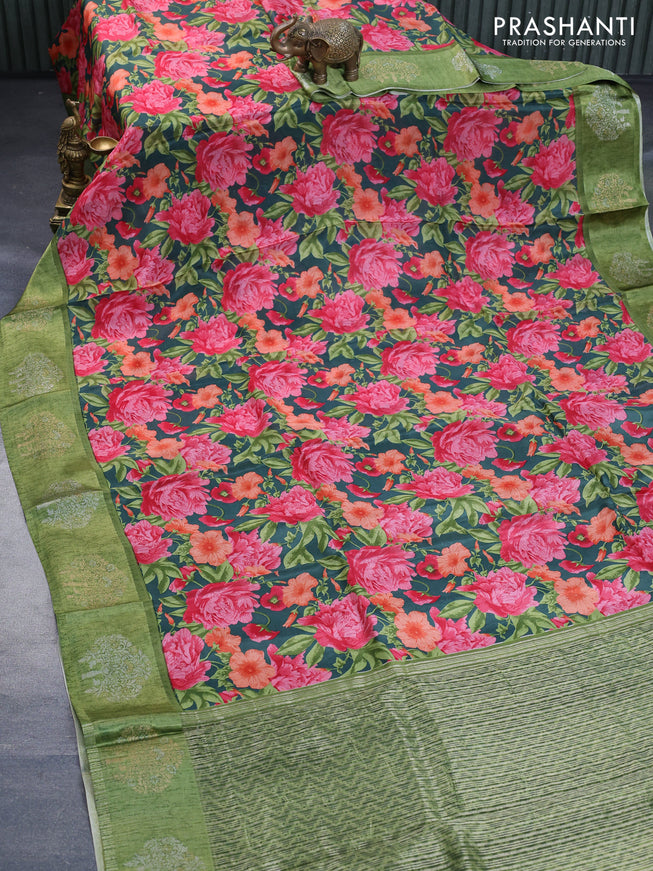 Semi mysore silk saree peacock green and green with allover floral prints and zari woven butta border