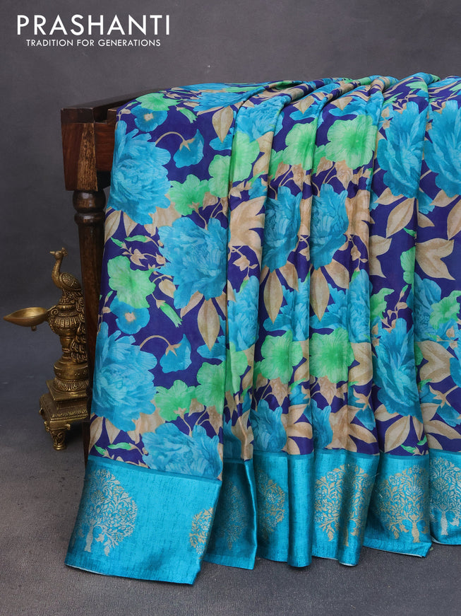 Semi mysore silk saree blue and cs blue with allover floral prints and zari woven butta border