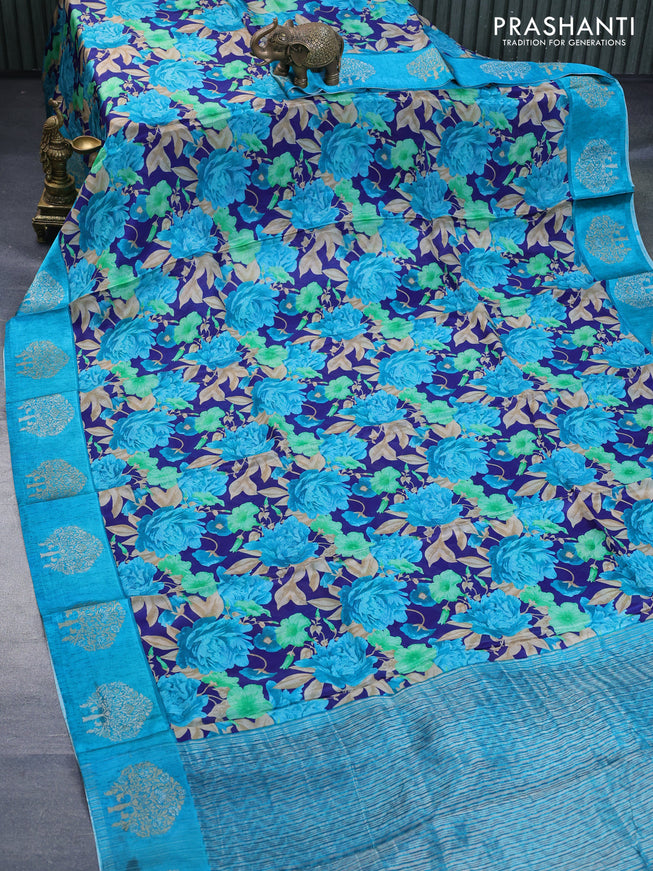 Semi mysore silk saree blue and cs blue with allover floral prints and zari woven butta border