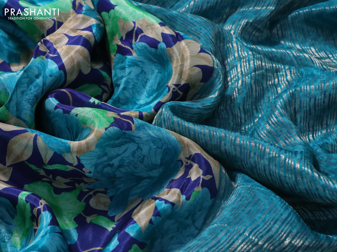 Semi mysore silk saree blue and cs blue with allover floral prints and zari woven butta border