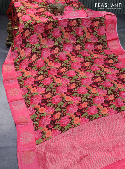 Semi mysore silk saree maroon and pink with allover floral prints and zari woven butta border