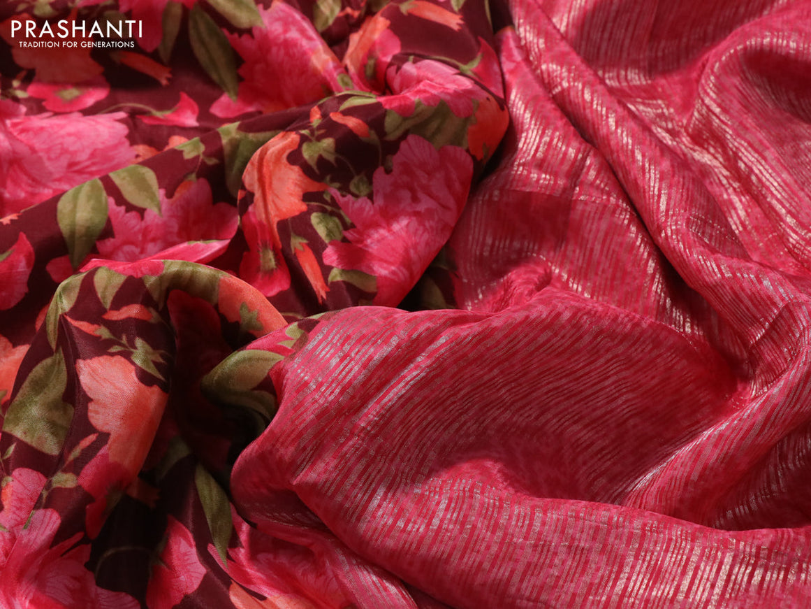 Semi mysore silk saree maroon and pink with allover floral prints and zari woven butta border