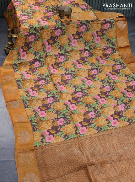 Semi mysore silk saree brown and mustard yellow with allover floral prints and zari woven butta border