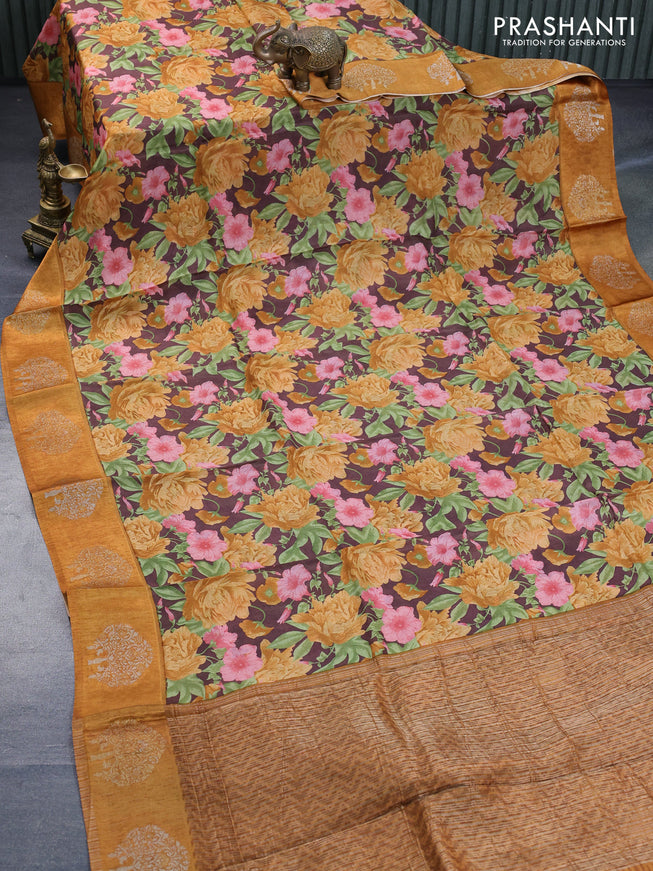 Semi mysore silk saree brown and mustard yellow with allover floral prints and zari woven butta border