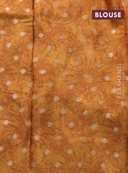 Semi mysore silk saree brown and mustard yellow with allover floral prints and zari woven butta border