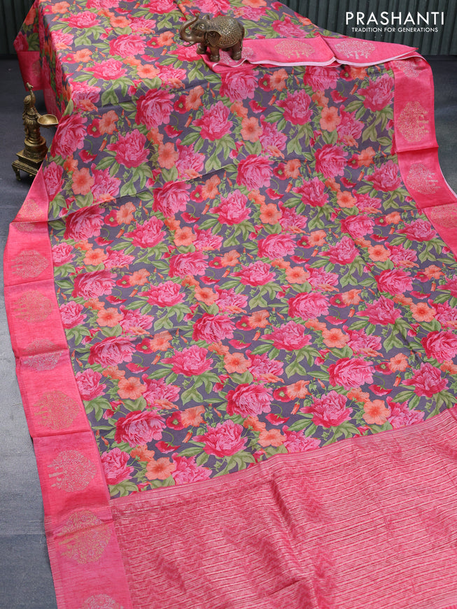 Semi mysore silk saree grey and pink with allover floral prints and zari woven butta border