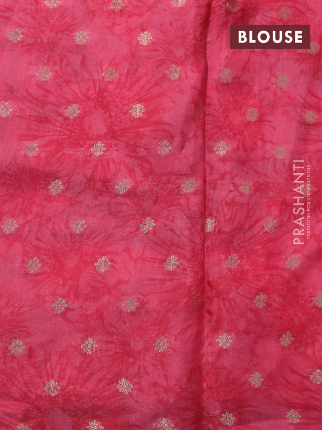 Semi mysore silk saree grey and pink with allover floral prints and zari woven butta border