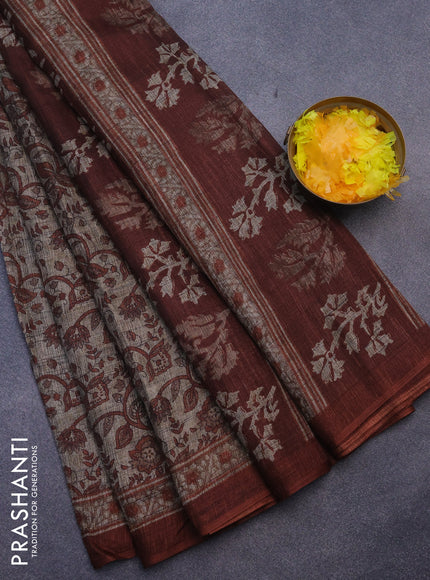 Jute cotton saree beige and rust shade with allover kalamkari prints and simple border