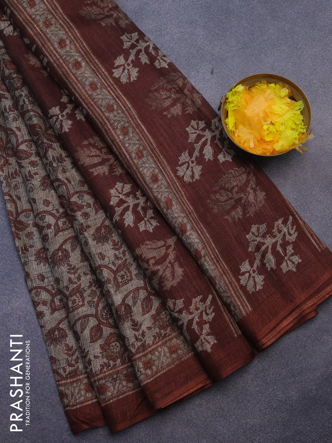 Jute cotton saree beige and rust shade with allover kalamkari prints and simple border