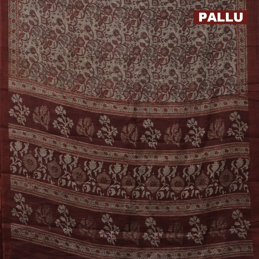 Jute cotton saree beige and rust shade with allover kalamkari prints and simple border