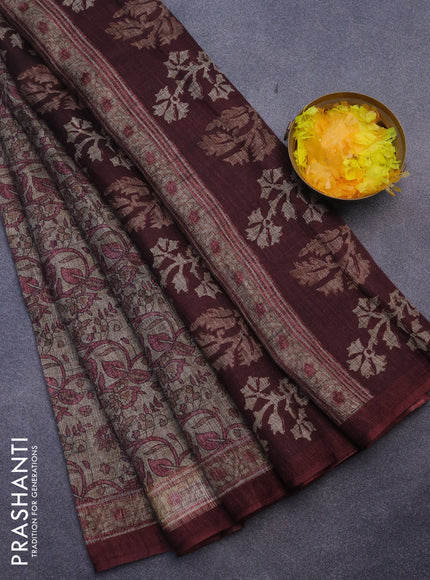 Jute cotton saree beige and maroon with allover kalamkari prints and simple border