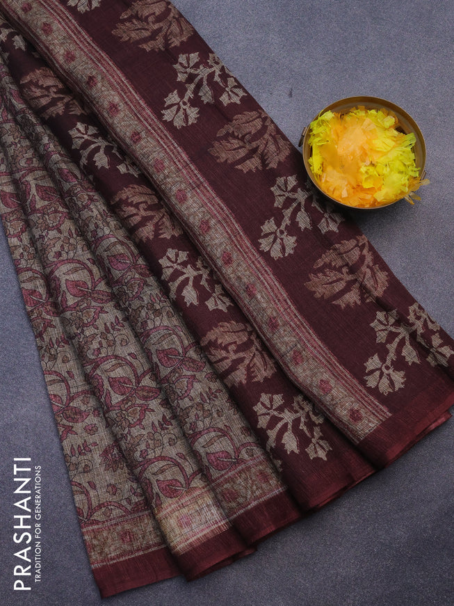 Jute cotton saree beige and maroon with allover kalamkari prints and simple border