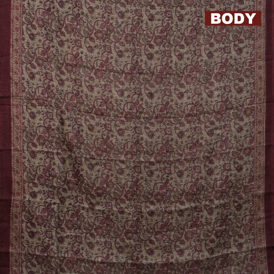 Jute cotton saree beige and maroon with allover kalamkari prints and simple border