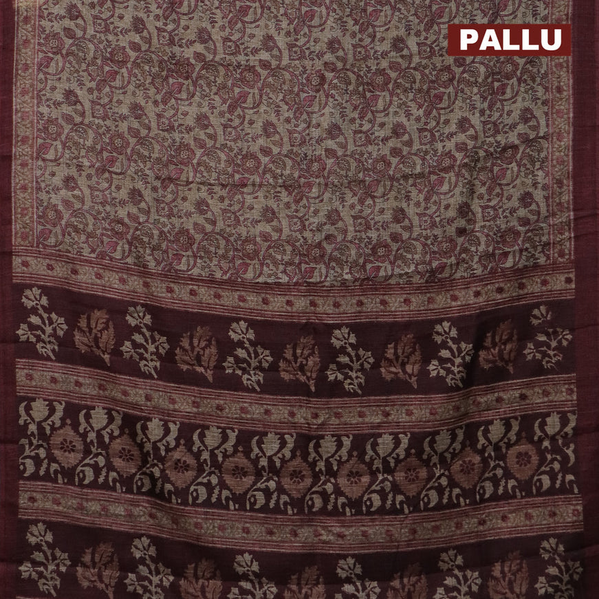 Jute cotton saree beige and maroon with allover kalamkari prints and simple border