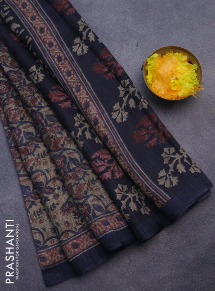 Jute cotton saree beige and dark blue with allover kalamkari prints and simple border