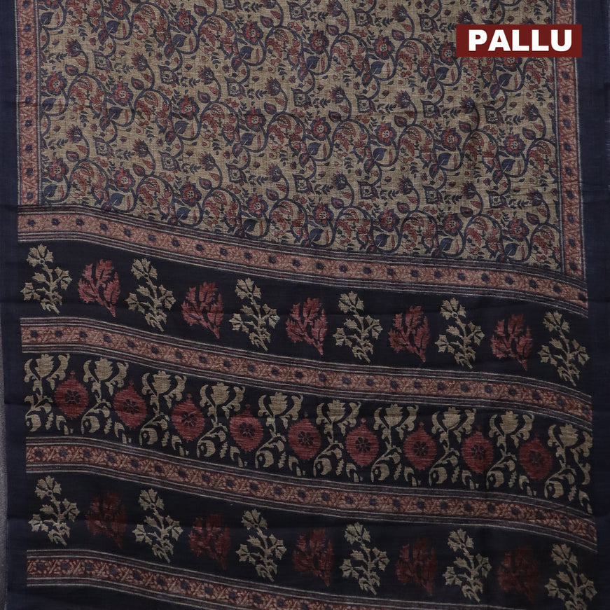 Jute cotton saree beige and dark blue with allover kalamkari prints and simple border