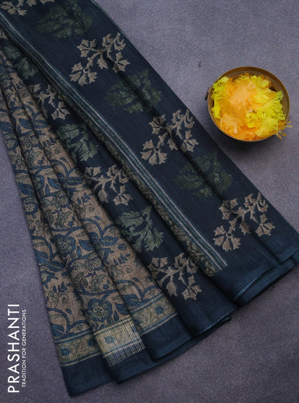 Jute cotton saree beige and peacock blue with allover kalamkari prints and simple border