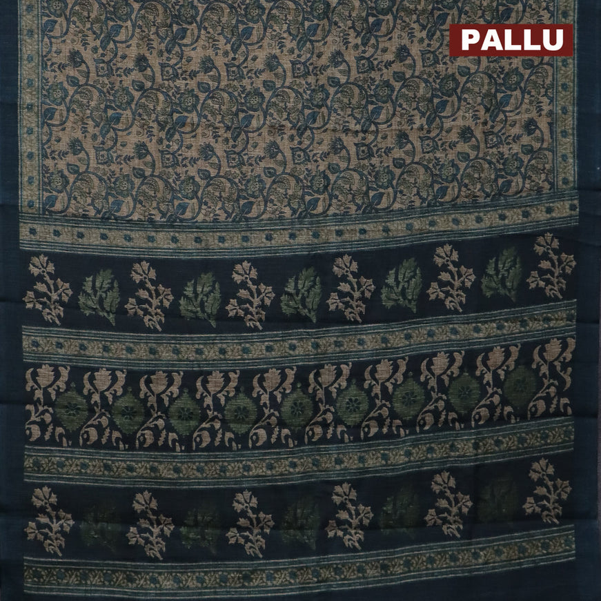 Jute cotton saree beige and peacock blue with allover kalamkari prints and simple border