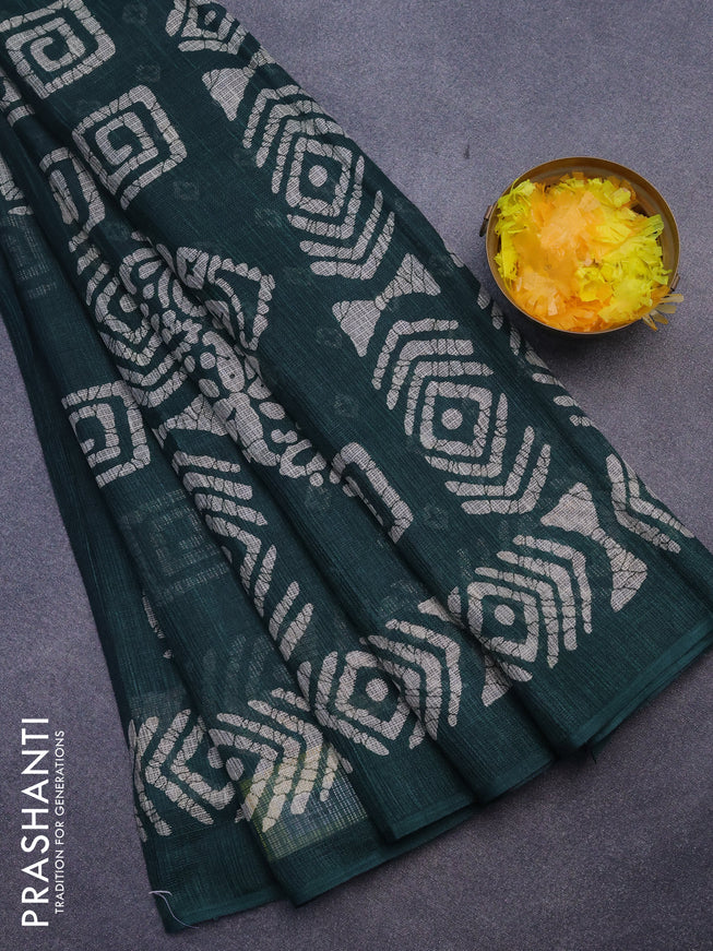 Jute cotton saree green with batik butta prints and printed border