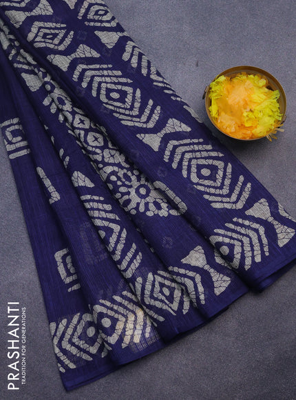 Jute cotton saree blue with batik butta prints and printed border