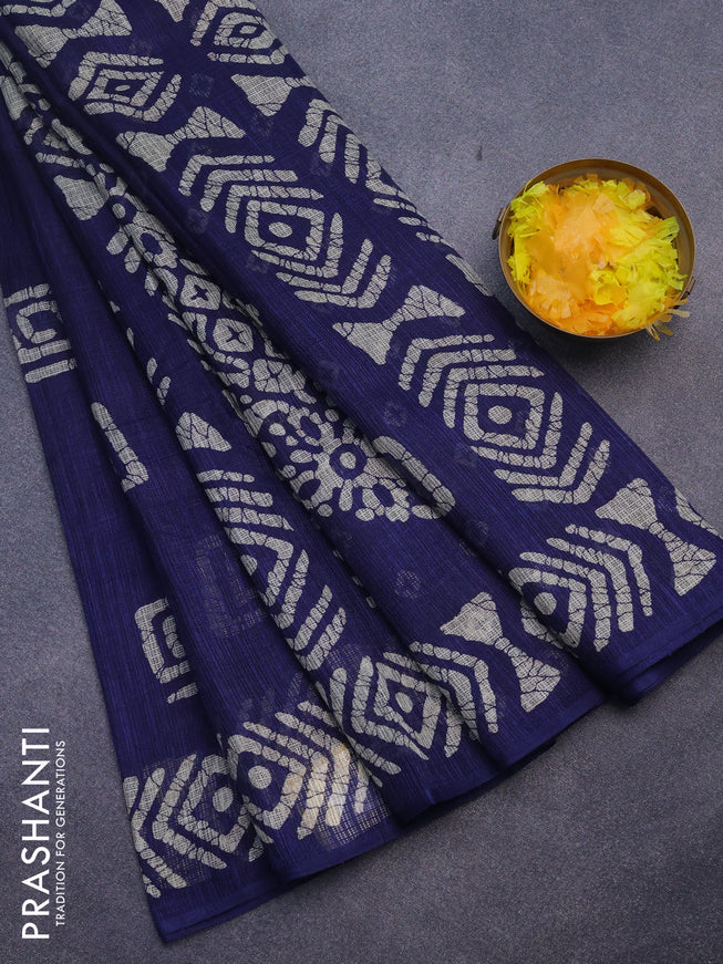 Jute cotton saree blue with batik butta prints and printed border