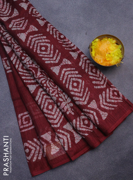 Jute cotton saree maroon with batik butta prints and printed border