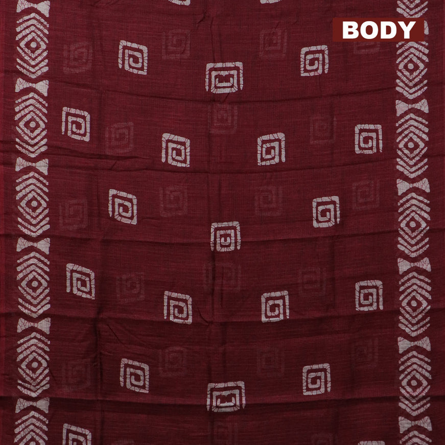 Jute cotton saree maroon with batik butta prints and printed border