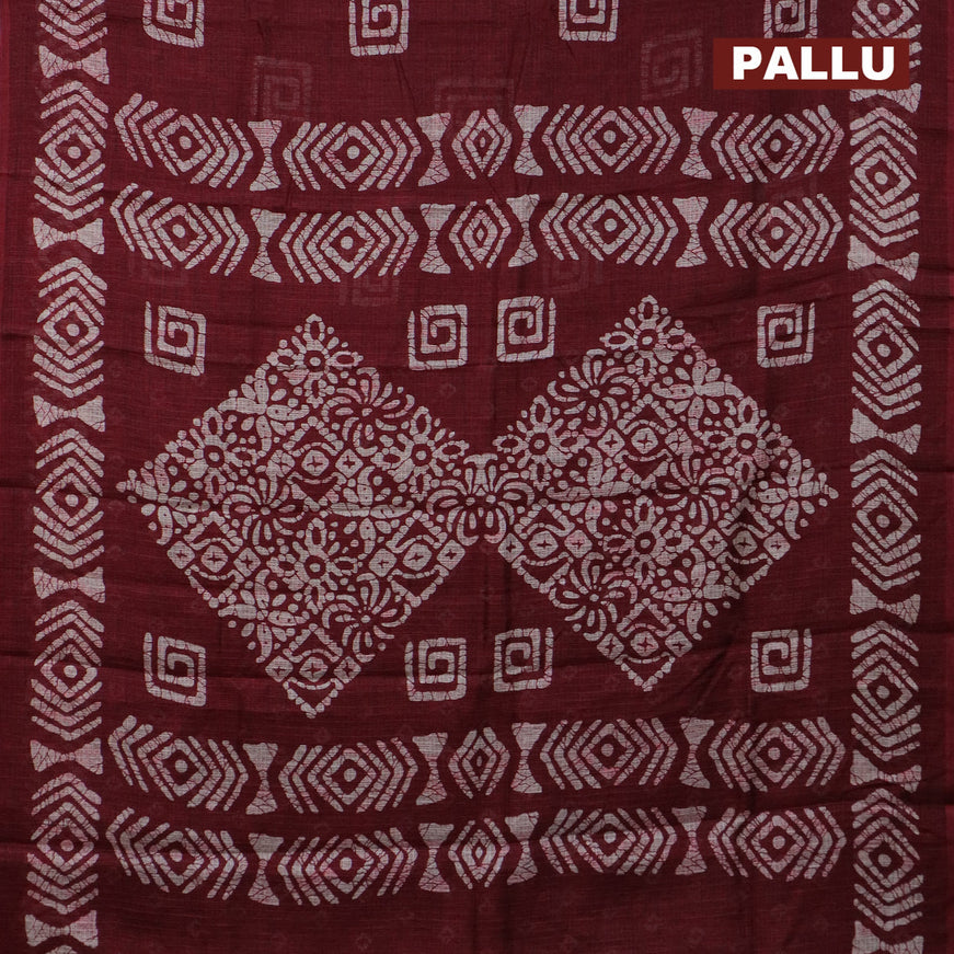 Jute cotton saree maroon with batik butta prints and printed border