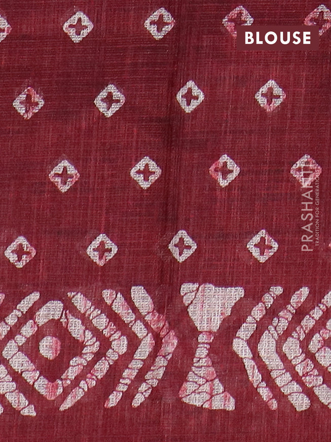 Jute cotton saree maroon with batik butta prints and printed border