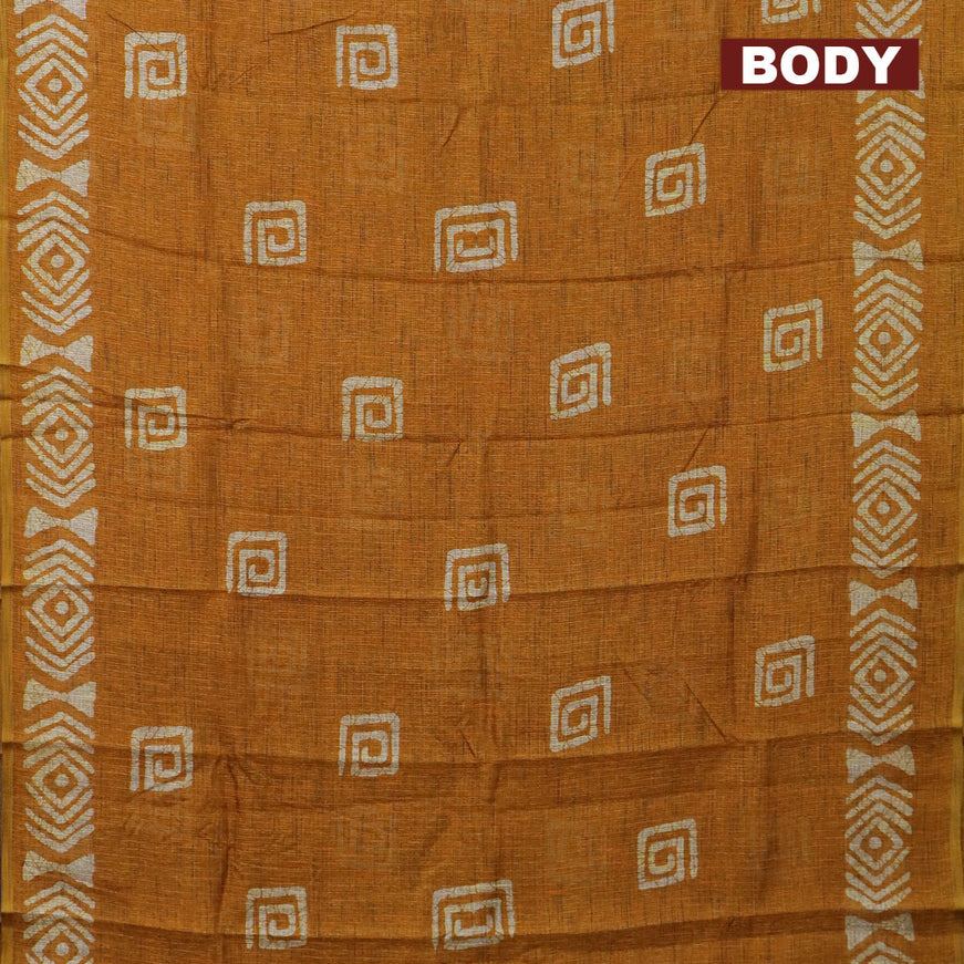 Jute cotton saree mustard yellow with batik butta prints and printed border