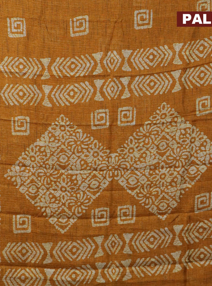 Jute cotton saree mustard yellow with batik butta prints and printed border