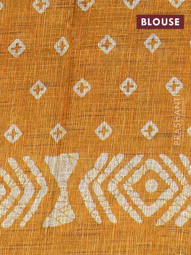 Jute cotton saree mustard yellow with batik butta prints and printed border