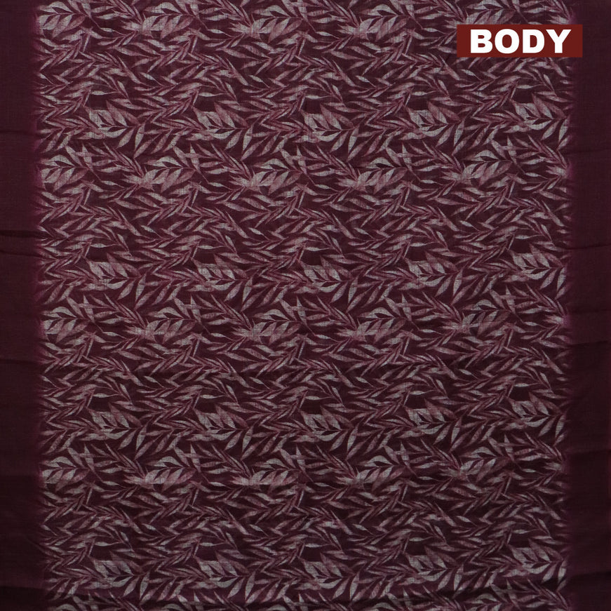 Jute cotton saree wine shade with allover leaf prints and simple border