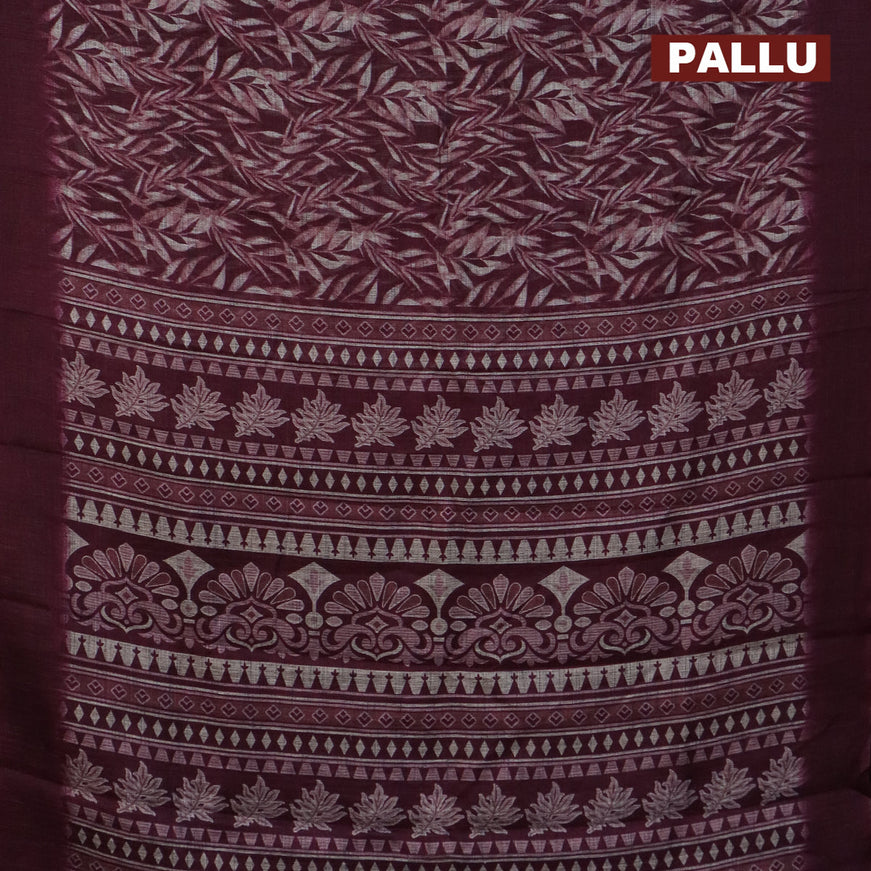 Jute cotton saree wine shade with allover leaf prints and simple border